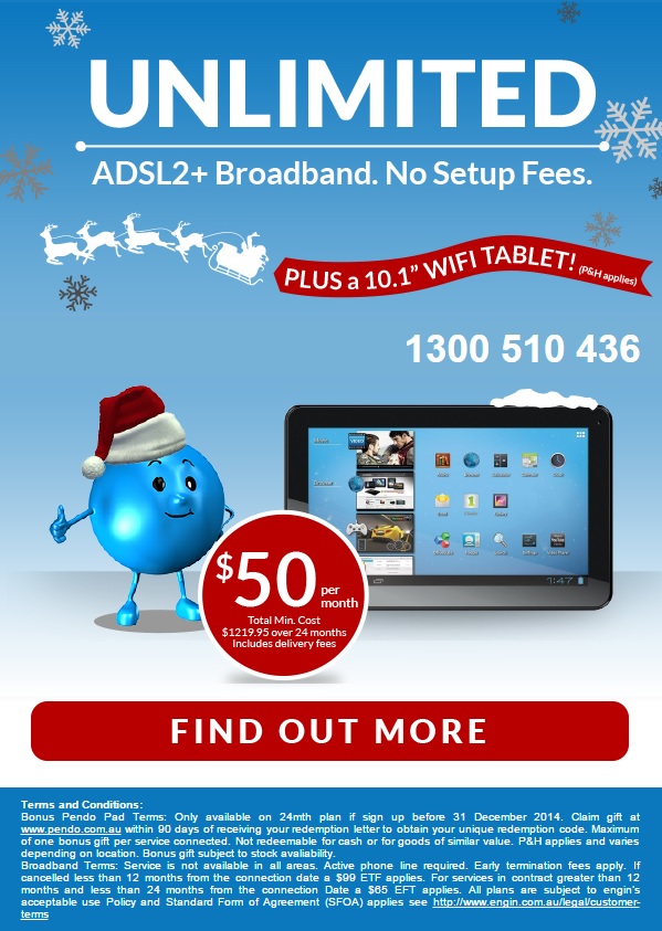 Engin - $50 Unlimited ADSL with Bonus Wi-fi Tablet